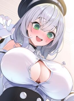 1girl breasts button_gap cleavage commentary_request dokkumaa from_below gloves green_eyes grey_hair hair_between_eyes hat highres hololive impossible_clothes large_breasts looking_at_viewer shirogane_noel short_hair smile solo virtual_youtuber white_gloves