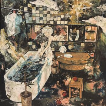 1boy 1girl 1other absurdres angel apple bare_shoulders bathroom bathtub black_hair brown_hair commentary_request cup food fruit halo highres indoors karintoun messy_hair mirror original painting_(medium) plant plate short_hair signature sitting table towel traditional_media water wings