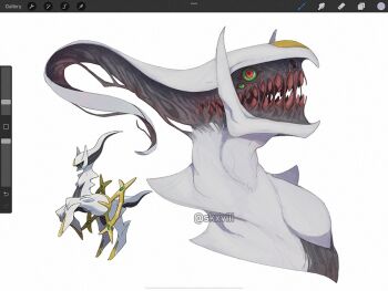 arceus artist_name extra_eyes from_side gen_4_pokemon horror_(theme) legendary_pokemon mythical_pokemon nintendo no_humans pokemon pokemon_(creature) red_eyes sharp_teeth sid_(skxviii) teeth white_background
