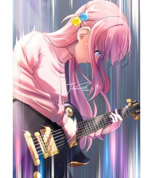 1girl absurdres bass_guitar blue_eyes bocchi_the_rock! closed_mouth cube_hair_ornament gotoh_hitori hair_between_eyes hair_ornament highres holding holding_bass_guitar holding_instrument instrument j_humbo jacket long_hair long_sleeves one_side_up pink_hair pink_jacket solo track_jacket