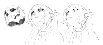 1girl capelet commentary earrings elf english_commentary expressionless frieren greyscale head_back highres how_to jewelry karassawa lineart long_pointy_ears looking_up monochrome parted_bangs parted_lips pointy_ears simple_background sousou_no_frieren teardrop_earrings thick_eyebrows twintails upper_body upward_angle_frieren_drawing white_background