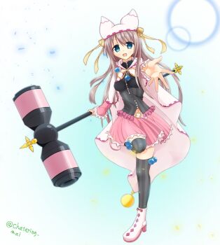 Rule 34 | 1girl, :d, animal ear headwear, belt, black shirt, black thighhighs, blue background, blue eyes, blush, boots, bow, breasts, brown hair, cape, chataring mai, commentary request, eyes visible through hair, fake animal ears, frilled skirt, frilled sleeves, frills, full body, hair between eyes, hammer, hat, hat bow, hat ribbon, highres, holding, holding hammer, large breasts, long hair, long sleeves, looking at viewer, magical girl, miniskirt, navel, official alternate costume, official alternate hairstyle, open mouth, outstretched hand, pink skirt, pleated skirt, reaching, reaching towards viewer, ribbon, sanoba witch, shiiba tsumugi, shirt, sidelocks, simple background, skirt, smile, solo, standing, standing on one leg, striped clothes, striped thighhighs, teeth, thighhighs, twitter username, upper teeth only, vertical-striped clothes, vertical-striped thighhighs, very long hair, white belt, white boots, white cape, white hat, wide sleeves, yellow bow, yellow ribbon, zettai ryouiki