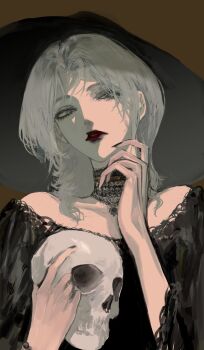 Rule 34 | 1girl, absurdres, bare shoulders, black hat, black nails, black shirt, brown background, choker, commentary request, curtained hair, grey eyes, hands up, hat, highres, holding, holding skull, lace, lace choker, lips, lipstick, long sleeves, looking at viewer, makeup, mascara, medium hair, nail polish, off-shoulder shirt, off shoulder, original, parted lips, red lips, shirt, skull, solo, upper body, waffle820, white hair