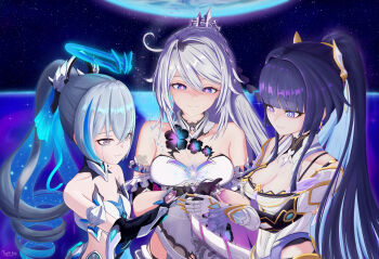 3girls ahoge bare_shoulders blue_eyes blue_hair breasts bronya_rand bronya_zaychik bronya_zaychik_(herrscher_of_truth) cleavage colored_inner_hair commentary corset diamond-shaped_pupils diamond_(shape) dress drill_hair earth_(planet) english_commentary gauntlets gloves grey_eyes grey_hair halo highres honkai_(series) honkai_impact_3rd kiana_kaslana kiana_kaslana_(herrscher_of_finality) large_breasts long_hair multicolored_hair multiple_girls planet purple_eyes purple_hair raiden_mei raiden_mei_(herrscher_of_origin) shirt sky small_breasts smile star_(sky) starry_sky symbol-shaped_pupils tiara tsukigix very_long_hair white_corset white_dress white_gloves white_shirt