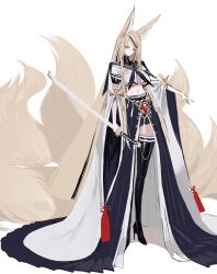 1girl absurdly_long_hair absurdres animal_ears azur_lane black_boots black_neckerchief black_sailor_collar black_skirt blonde_hair blunt_ends blush boots breasts cloak closed_mouth cropped_shirt dishwasher1910 flower_knot fox_ears fox_girl fox_tail front_slit full_body furrowed_brow gem groin hair_ornament hairclip high_heel_boots high_heels highres holding holding_sword holding_weapon japanese_clothes katana kitsune kyuubi large_breasts large_tail light_frown long_hair long_sidelocks long_skirt long_tail looking_at_viewer midriff miniskirt multiple_tails navel neckerchief no_bra original parted_bangs pleated_skirt red_eyes red_gemstone sailor_collar school_uniform serafuku shirt short_sleeves showgirl_skirt sidelocks simple_background skirt solo standing straight_hair sword tail tall_female tassel thigh_boots thighhighs train_(clothing) turtleneck underboob very_long_ears very_long_hair very_long_tail weapon white_background white_cloak white_shirt wide_sleeves yamato_(dishwasher1910) zettai_ryouiki