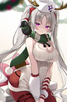 1girl absurdres animal animal_on_shoulder antlers arm_warmers bare_shoulders bird breasts cable_knit cleavage cleavage_cutout closed_mouth clothing_cutout commentary dress fake_antlers fang fur_hat green_scarf hat heart_cutout highres hip_vent horns ika_(4801055) large_breasts laru_(snowish)_(stella_sora) laru_(stella_sora) long_hair looking_at_viewer pantyhose purple_eyes red_pantyhose reindeer_antlers scarf sleeveless sleeveless_dress smile solo stella_sora twintails very_long_hair white_dress white_hair white_hat