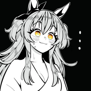 ... animal_ears blush bow brown_eyes closed_mouth ear_ribbon highres horse_ears horse_girl japanese_clothes kimono kunitoro_(artist) mayano_top_gun_(umamusume) nervous_sweating sweat umamusume