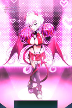 1girl armpits black_thighhighs breasts cheerleader cleavage commission covered_erect_nipples demon_girl demon_horns demon_tail demon_wings fang full_body groin heart horns large_breasts large_tail leotard long_hair looking_at_viewer naughty_face navel pom_pom_(cheerleading) pubic_tattoo purple_eyes red_leotard red_shoes senki_zesshou_symphogear shoes signature sneakers solo spotlight stage stage_lights stomach tail tattoo thighhighs uganda_(ugandam_00) white_hair wings yukine_chris
