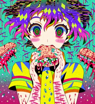 aela_(aelaillust) bleeding blood blood_on_hands blood_splatter blood_stain colorful cuts drugs food guro injury original pill pink_blood sandwich scar scar_on_arm self-harm self-harm_scar short_hair static wrist_cutting