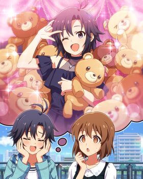 &gt;_&lt; antenna_hair black_hair blue_dress bow brown_eyes brown_hair building buttons card_(medium) closed_eyes cloud dress game_cg grass grey_eyes hagiwara_yukiho hands_on_own_face holding idolmaster idolmaster_million_live! idolmaster_million_live!_theater_days jewelry kikuchi_makoto necklace official_art one_eye_closed open_mouth railing smile sparkle speech_bubble stuffed_animal stuffed_toy teddy_bear thought_bubble tree water