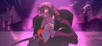 1boy backlighting beard_stubble brown_eyes brown_hair carnival cigarette collared_shirt curtained_hair facial_hair firefist_office_(identity)_(project_moon) gas_can glasses glowing gregor_(project_moon) hair_flowing_over highres holding holding_cigarette jing84672940 la_manchaland_(location) limbus_company long_sleeves low_ponytail male_focus necktie open_mouth ponytail project_moon prosthesis prosthetic_arm purple_theme red_necktie ribbon shirt solo spotlight stone_floor striped_clothes striped_shirt stubble upper_body white_shirt