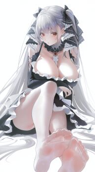1girl absurdres azur_lane bare_shoulders between_breasts black_dress black_nails breasts bridal_gauntlets cleavage closed_mouth commentary dress english_commentary feet formidable_(azur_lane) frilled_dress frills gem grey_hair hair_between_eyes hair_ornament highres large_breasts long_hair looking_at_viewer matsogum nail_polish no_shoes on_ground pantyhose red_eyes red_gemstone simple_background sitting soles solo thighs toe_seam toes twintails very_long_hair white_background white_pantyhose