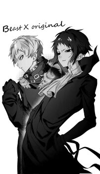 Rule 34 | 2boys, akutagawa ryuunosuke (bungou stray dogs), ascot, bungou stray dogs, coat, collar, english text, from side, gloves, greyscale, hands in pockets, hashtag-only commentary, highres, looking ahead, male focus, mitabxd 7, monochrome, multiple boys, nakajima atsushi (bungou stray dogs), parted lips, short hair, sidelocks, simple background, spiked collar, spikes, sway back, teeth, white background