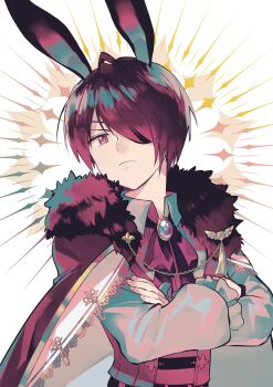 1boy absurdres animal_ears bow bowtie brooch cape closed_mouth collared_shirt commentary_request crossed_arms eyepatch frilled_sleeves frills frown fur_collar gem gold_trim grey_shirt hair_between_eyes hair_over_one_eye highres jewelry long_bangs long_sleeves looking_at_viewer male_focus namosuke_(oetwmkekmz) purple_bow purple_bowtie purple_cape purple_eyes purple_gemstone purple_hair rabbit_boy rabbit_ears shirt short_hair solo tales_weaver upper_body white_background