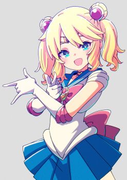 Rule 34 | 1girl, absurdres, aqua eyes, biruchiru, bishoujo senshi sailor moon, blonde hair, blue sailor collar, blue skirt, choker, commentary, cosplay, cowboy shot, crescent choker, double bun, elbow gloves, gloves, grey background, hair bun, highres, idolmaster, idolmaster cinderella girls, looking at viewer, open mouth, pleated skirt, sailor collar, sailor moon, sailor moon (cosplay), sailor senshi uniform, sakurai momoka, shirt, simple background, skirt, smile, solo, standing, tsuki ni kawatte oshioki yo, twintails, white gloves, white shirt