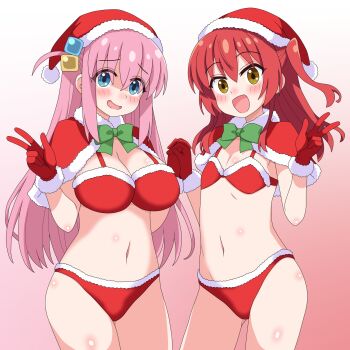 2025 2girls bikini blue_eyes blush bocchi_the_rock! bow breasts christmas commentary cube_hair_ornament fur-trimmed_bikini fur-trimmed_gloves fur-trimmed_headwear fur_trim gloves gotoh_hitori gradient_background green_bow hair_between_eyes hair_ornament hat highres kita_ikuyo long_hair looking_at_viewer medium_breasts merry_christmas multiple_girls navel open_mouth pink_hair red_bikini red_gloves red_hair red_hat sakuzo santa_bikini santa_costume santa_hat simple_background smile standing swimsuit translation_request v yellow_eyes