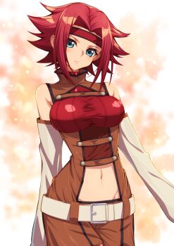 07nono06 1girl absurdres belt belt_buckle blue_eyes breasts brown_shorts buckle closed_mouth code_geass detached_sleeves frown hair_intakes head_tilt headband highres kouzuki_kallen long_sleeves medium_breasts medium_hair midriff navel red_hair red_headband short_shorts shorts solo spiked_hair stomach white_belt white_sleeves