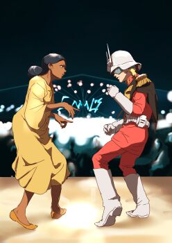 1boy 1girl absurdres belt bindi blonde_hair capelet char_aznable dancing dark_skin double_bun dress gloves green_eyes gundam hair_bun helmet highres lalah_sune mask mobile_suit_gundam pulp_fiction shoes teikoku_jokyoku white_belt white_footwear white_gloves yellow_dress yellow_shoes