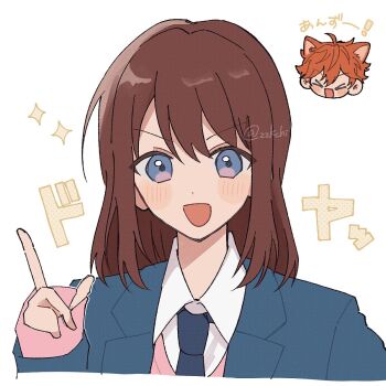 >_< 1boy 1girl akehoshi_subaru anzu_(ensemble_stars!) blue_eyes blue_jacket blue_necktie brown_hair ensemble_stars! hair_between_eyes highres index_finger_raised jacket long_sleeves medium_hair necktie open_clothes open_jacket open_mouth orange_hair portrait school_uniform short_hair simple_background sleeves_past_wrists smile white_background yumenosaki_school_uniform zii72u