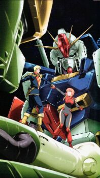 1980s_(style) 1boy 1girl aeug artist_request blonde_hair blurry blurry_foreground boots fake_screenshot glemy_toto gloves gundam gundam_zz highres key_visual machinery mecha mecha_pilot_suit military_uniform neo_zeon normal_suit_(gundam) official_art oldschool orange_hair promotional_art pulling_arm puru_two quin_mantha retro_artstyle robot scan science_fiction traditional_media v-fin zz_gundam