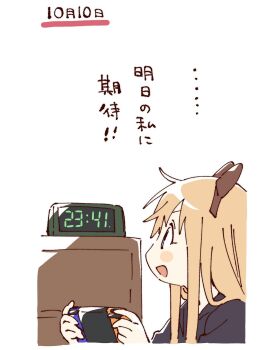 1girl :d black_shirt blonde_hair blue_eyes blush_stickers bow brown_bow clock cropped_torso digital_clock hair_bow handheld_game_console hashtag-only_commentary highres holding holding_handheld_game_console long_hair namori nintendo_switch open_mouth shirt simple_background smile solo toshinou_kyouko translation_request white_background yuruyuri