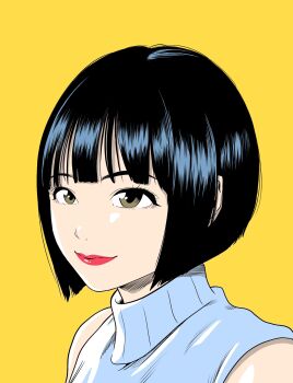 1girl black_hair blue_shirt bob_cut brown_eyes commentary_request hatching_(texture) highres lee_(dragon_garou) lipstick makeup original portrait profile red_lips shirt sleeveless sleeveless_shirt sleeveless_turtleneck smile solo turtleneck yellow_background