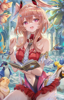 1girl :d absurdres adapted_costume alternate_costume blush book bracelet breasts capybara_(genshin_impact) clothing_cutout commentary_request crossed_bangs flowcurrent_bird_(genshin_impact) flower frilled_one-piece_swimsuit frills genshin_impact grey_necktie head_wings heart heart-shaped_pupils highres holding holding_book jewelry koholasaurus_(genshin_impact) leaf linnea_(genshin_impact) long_hair lumi_(genshin_impact) medium_breasts navel navel_cutout necktie one-piece_swimsuit open_book open_mouth pink_hair pointy_ears purple_eyes red_hair red_one-piece_swimsuit revision smile solo swimsuit symbol-shaped_pupils thigh_marking torino_aqua water wings