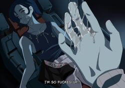 1boy 1girl absurdres after_masturbation amate_yuzuriha blue_hair boxer_briefs caught close-up cockpit commission commissioner_upload company_connection creator_connection english_text feigning_sleep female_masturbation gundam gundam_gquuuuuux half-closed_eyes hand_focus highres implied_after_masturbation implied_fingering implied_masturbation light_smile lying male_underwear masturbation meme mobile_suit neon_genesis_evangelion one_eye_closed pants peeking pov pussy_juice pussy_juice_on_fingers pussy_juice_puddle pussy_juice_stain red_eyes rs40uchiha shinji&#039;s_fapping_hand_(meme) shuji_ito sleeveless smirk stealth_masturbation studio_khara tank_top the_end_of_evangelion underwear unworn_clothes