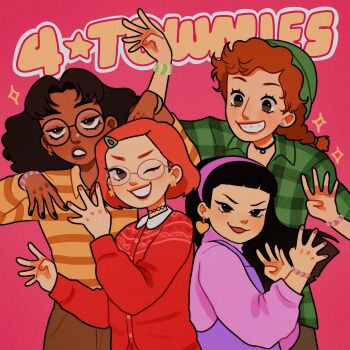 4girls abby_(turning_red) animification beanie black_hair braces brown_eyes brown_hair dark-skinned_female dark_skin disney duplicate earrings glasses hat heart highres jewelry long_hair looking_at_viewer meg_ikarp meilin_lee miriam_(turning_red) multiple_girls open_mouth overalls pixar priya_(turning_red) purple_overalls red_garter_belt red_hair shirt smile turning_red