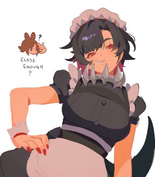 2girls ? apron artist_self-insert breasts chest_harness cigarette colored_inner_hair commentary ellen_joe english_commentary english_text frilled_wristband from_below glaring hand_on_own_hip harness highres maid maid_apron maid_headdress mararu mihoyo multicolored_hair multiple_girls no_lineart puffy_sleeves red_eyes red_nails short_hair simple_background smoking solo_focus swept_bangs tan white_background zenless_zone_zero