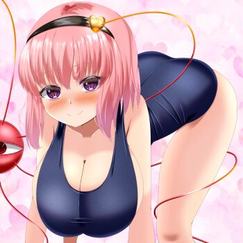 absurdres bent_over blush breasts commentary_request eyeball hair_ornament hairband heart heart_hair_ornament highres huge_breasts komeiji_satori musi_tino smile swimsuit third_eye touhou