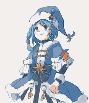 1girl alow alternate_costume bell blue_dress blue_eyes blue_hair blue_hat braid commentary dress fortissimo fur-trimmed_dress fur-trimmed_sleeves fur_trim hair_ornament hat highres mahou_shoujo_madoka_magica miki_sayaka musical_note musical_note_hair_ornament side_braid simple_background smile solo white_background