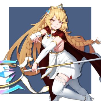 1girl beeeeen blonde_hair braid breasts cape choker crown detached_sleeves dress erpin_(trickcal) gold_choker high_heels highres long_hair open_mouth red_eyes short_dress sideboob smile solo staff thighhighs trickcal twin_braids very_long_hair white_dress white_thighhighs