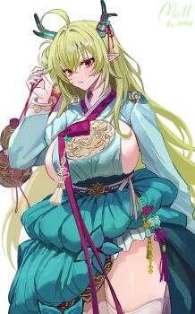 1girl absurdres ahoge aqua_flower aqua_jacket aqua_skirt arm_at_side artist_name borrowed_character breasts chinese_knot commentary commission dot_nose dragon_girl dragon_horns english_commentary eyebrows_hidden_by_hair feet_out_of_frame flower full_body garam_(ryeoubi) gourd green_hair green_horns hair_between_eyes hair_bun hair_ribbon hanbok high-low_skirt highres holding holding_gourd horn_ornament horns jacket korean_clothes large_breasts long_hair long_sleeves looking_at_viewer mell_(dmwe3537) obi obijime original parted_lips pointy_ears purple_ribbon red_eyes ribbon sash shoes sideboob sideboob_cutout single_hair_bun skirt solo standing tachi-e tassel thick_eyebrows thighhighs thighs toes very_long_hair white_background white_thighhighs