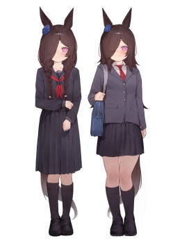 1girl absurdres alternate_costume alternate_hairstyle animal_ears black_hair black_sailor_collar black_serafuku black_shirt black_shoes black_skirt black_socks blazer blush braid closed_mouth coat full_body grey_coat hair_over_one_eye highres horse_ears horse_girl horse_tail jacket loafers long_hair long_sleeves looking_at_viewer low_twin_braids multiple_views neckerchief necktie pleated_skirt purple_eyes red_neckerchief red_necktie rice_shower_(umamusume) sailor_collar school_uniform serafuku shirt shoes simple_background skirt smile socks standing tail theflatfacadeds twin_braids umamusume white_background white_shirt