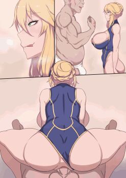 1boy 1girl animated animated_gif anus artoria_pendragon_(fate) artoria_pendragon_(lancer)_(fate) ass blonde_hair bodysuit breasts clothed_female_nude_male clothed_sex clothing_aside eye_contact eyebrows fate/grand_order fate_(series) from_behind from_side girl_on_top green_eyes hetero highres huge_breasts large_areolae legs leotard leotard_aside licking_lips long_hair looking_at_another mature_female metal_owl_(aden12) naughty_face nipple_slip nipples nude penis profile pussy reverse_cowgirl_position sequential sex smile spread_legs standing straddling testicles thighs tongue tongue_out ugly_bastard uncensored vaginal