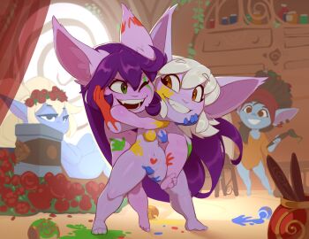 4girls bandle_painter_(league_of_legends) blonde_hair blue_skin breasts brown_eyes brown_shirt colored_skin completely_nude flower green_eyes grin half-closed_eyes highres huffslove indoors league_of_legends long_hair lulu_(league_of_legends) multiple_girls nude paint_on_body poppy_(league_of_legends) purple_hair purple_skin red_flower shirt small_breasts smile tristana_(league_of_legends) yordle