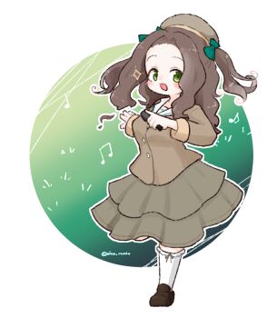 1girl :d beret blush border bow breasts brown_hair brown_hat brown_shirt brown_shoes brown_skirt forehead full_body green_background green_bow green_eyes hair_bow hat holding holding_microphone long_hair long_sleeves looking_at_viewer medium_breasts microphone musical_note olto_rondo open_mouth original outside_border raised_eyebrows shirt shoes skirt smile solo standing standing_on_one_leg two_side_up white_border
