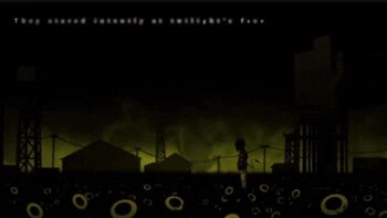 1other aku_no_hana ambiguous_gender animated animated_gif black_sky cruormor ghost_and_pals horns industrial lowres parody power_lines qualia_automata reckless_battery_burns sky tail tamari_(team6x111) team6x111 utility_pole yellow_smoke