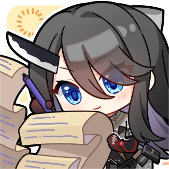 Rule 34 | 1girl, artist request, black hair, blue eyes, chibi, chibi only, girls' frontline, girls' frontline 2: exilium, highres, holding, holding pen, horns, long hair, official art, paper, pen, phaetusa (girls' frontline 2), second-party source, single horn, smile, solo, writing
