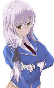 1girl commentary_request crossed_arms glasses green_eyes hair_ornament heaven_burns_red highres izumi_yuki_(heaven_burns_red) long_hair necktie purple_hair school_uniform seriro00112 simple_background