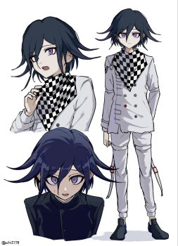 Rule 34 | 1boy, black hair, buttons, checkered clothes, checkered neckerchief, checkered scarf, commentary, cropped torso, danganronpa (series), danganronpa v3: killing harmony, expressionless, flipped hair, gakuran, hair between eyes, highres, jacket, long sleeves, looking at viewer, male focus, multicolored buttons, multiple boys, neckerchief, oguma (ogm), oma kokichi, open mouth, pants, purple eyes, purple hair, scarf, school uniform, short hair, simple background, standing, sweat, thigh strap, twitter username, two-tone scarf, white background