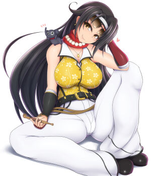 10s 1girl belt black_hair breasts brown_eyes cleavage elephant female_focus highres holding holding_smoking_pipe jasmine_(senran_kagura) jewelry kiseru large_breasts necklace pants ponponmaru senran_kagura simple_background smoking_pipe solo sunglasses white_background