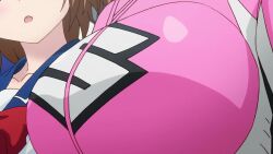 2girls animated anime_screenshot bakuon!! blue_eyes bodysuit bodyuit bouncing_breasts breast_envy breast_focus breasts brown_hair large_breasts looking_at_breasts multiple_girls open_mouth pink_bodysuit racing_suit sakura_hane school_uniform short_hair sound suzunoki_rin tagme video walking