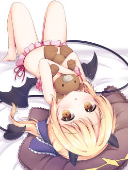 1girl absurdres barefoot bikini black_wings blonde_hair blue_archive demon_horns demon_tail demon_wings frills grandapple71 highres horns hugging_object ibuki_(blue_archive) looking_at_viewer lying on_back pointy_ears solo stuffed_animal stuffed_toy swimsuit tail teddy_bear upside-down wings