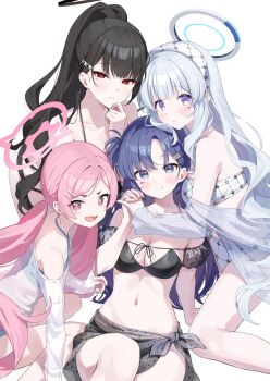 +_+ 4girls :d absurdres alternate_costume alternate_hairstyle bare_shoulders bikini black_bikini black_hair black_halo blue_archive blue_eyes blunt_bangs blush blush_stickers breasts bright_pupils cleavage closed_mouth collarbone commentary_request cowboy_shot fang feet_out_of_frame grey_hair hair_behind_ear hair_ornament hairclip halo halterneck heart heart_sticker highres holding_hands hug interlocked_fingers jacket jacket_partially_removed kneeling koyuki_(blue_archive) large_breasts long_hair long_sleeves looking_at_viewer low_twintails mechanical_halo medium_breasts momomoi_momoi multiple_girls navel noa_(blue_archive) open_mouth parted_bangs pink_eyes pink_hair pink_halo ponytail purple_eyes purple_hair red_eyes rio_(blue_archive) seminar_(blue_archive) shirt sidelocks simple_background sitting skin_fang smile smug split_mouth star-shaped_pupils star_(symbol) star_sticker sticker sticker_on_face straight_hair swimsuit symbol-shaped_pupils tareme textless_version thick_eyebrows tsurime twintails two_side_up v-shaped_eyebrows very_long_hair white_background white_bikini white_halo white_pupils white_shirt yuuka_(blue_archive)