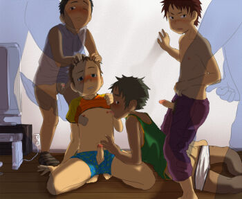 4boys ass bandages blush bottomless boxer_briefs boxers brown_hair clothes_lift dark-skinned_male dark_skin erection forced green_shirt group_sex kneeling knife las_(las72) licking licking_nipple male_focus male_underwear multiple_boys nipple_stimulation penis rape shirt shirt_lift shota tan tank_top tanline threatening topless_male underwear undressing yaoi