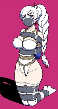 1girl arms_behind_back asphyxiation bdsm blue_eyes bondage bound bound_arms bound_legs braid braided_ponytail breast_bondage breasts cleavage cloth_gag collarbone detached_sleeves earrings gag gagged highres improvised_gag jam-orbital jewelry kneeling leotard looking_at_viewer magenta_background over_the_nose_gag ponytail rope rwby scar shibari simple_background solo swept_bangs tape tape_bondage tape_gag thighhighs weiss_schnee white_hair white_leotard white_thighhighs