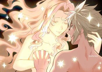 Rule 34 | 1boy, 1girl, aerith gainsborough, black background, blonde hair, blue eyes, closed eyes, closed mouth, cloud strife, commentary, couple, crying, english commentary, final fantasy, final fantasy vii, hair between eyes, hand in another's hair, hetero, highres, holding hands, interlocked fingers, light smile, long hair, looking at another, nude, parted bangs, parted lips, short hair, sidelocks, softp3ach, sparkle, spiked hair, tears, twitter username, upper body, wavy hair