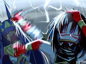 2girls =_= animal_ears black_hair closed_eyes closed_mouth commentary_request crying dark-skinned_female dark_skin dog_ears fate/grand_order fate_(series) gloves gudagudaman hand_in_own_hair highres lightning long_hair meme motion_blur multiple_girls naoya_hitting_choso_without_looking_(meme) nitocris_(fate) open_mouth outdoors purple_hair red_gloves tenochtitlan_(fate) tenochtitlan_(first_ascension)_(fate)